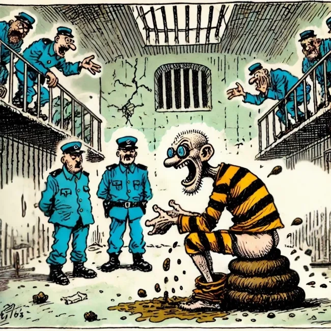 Dans une prison, un prisonnier est assis sur un étron