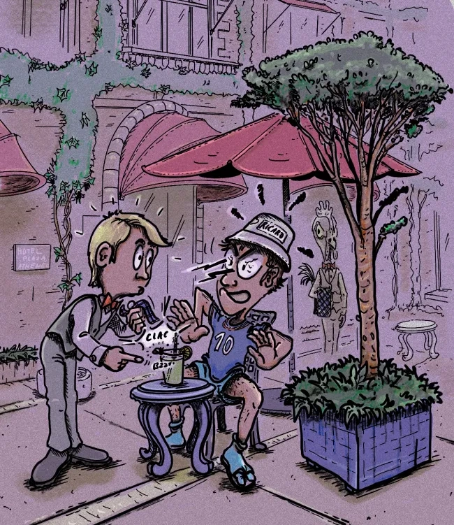 Un jeune serveur en costume noir, tend une boisson à un client. Le client, un homme vulgaire, est mal habillé malgré le luxe du lieu.