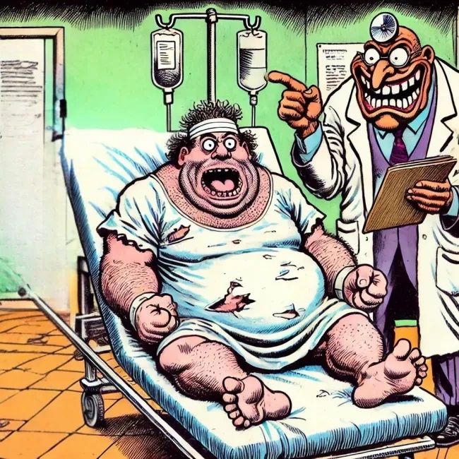 Un coq sur une table d'opération enoutré de deux médecins.