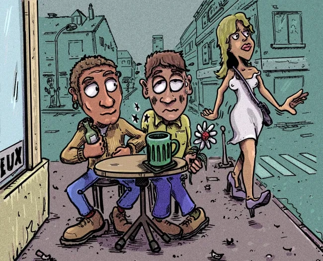 Deux coqs, à la terrasse d'un café, observent une fille passé, dont la jupe est soufflée par le vent.