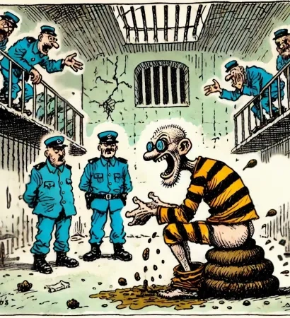 Dans une prison, un prisonnier est assis sur un étron