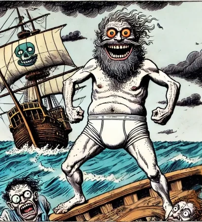 Un homme en slip sur son bateau