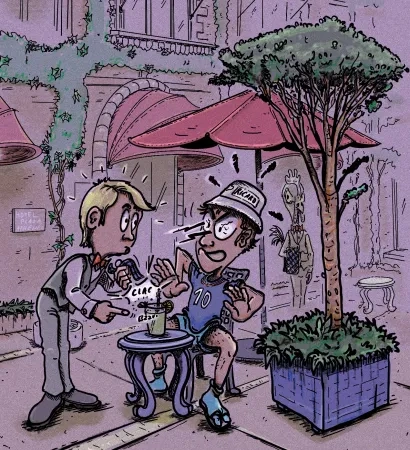 Un jeune serveur en costume noir, tend une boisson à un client. Le client, un homme vulgaire, est mal habillé malgré le luxe du lieu.
