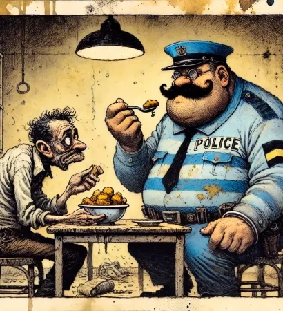 Un policier discute avec un journaliste à propos d'un fauteuil roulant