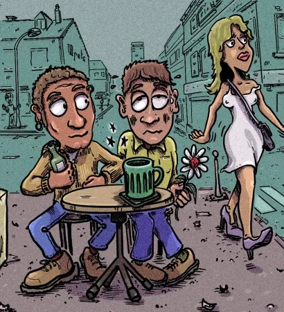 Deux coqs, à la terrasse d'un café, observent une fille passé, dont la jupe est soufflée par le vent.