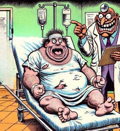 Un coq sur une table d'opération enoutré de deux médecins.
