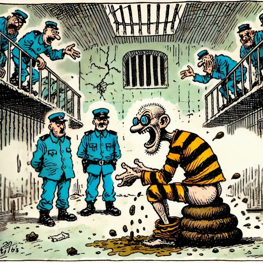 Dans une prison, un prisonnier est assis sur un étron
