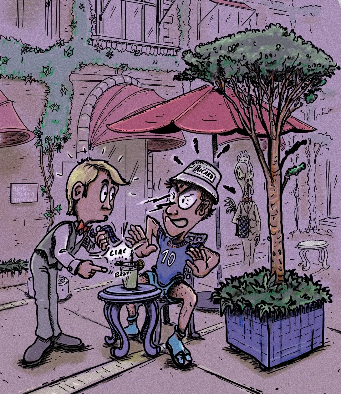 Un jeune serveur en costume noir, tend une boisson à un client. Le client, un homme vulgaire, est mal habillé malgré le luxe du lieu.
